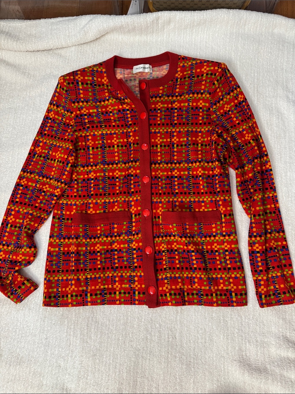 Yves Saint Laurent Red Multi-Color Patterned Cardigan